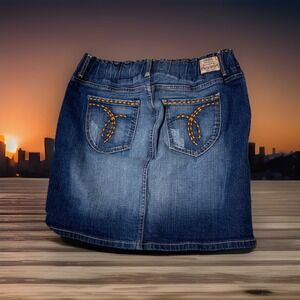 Paris Blue Denim Mini Skirt Elastic Back‎ Size S Distressed Embroidered Pockets